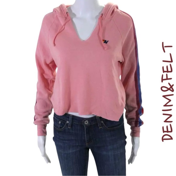 Aviator Nation Pink Cropped Hoodie/Sweatshirt Striped Sleeves | PRELOVED! RARE🩷 - Picture 1 of 12